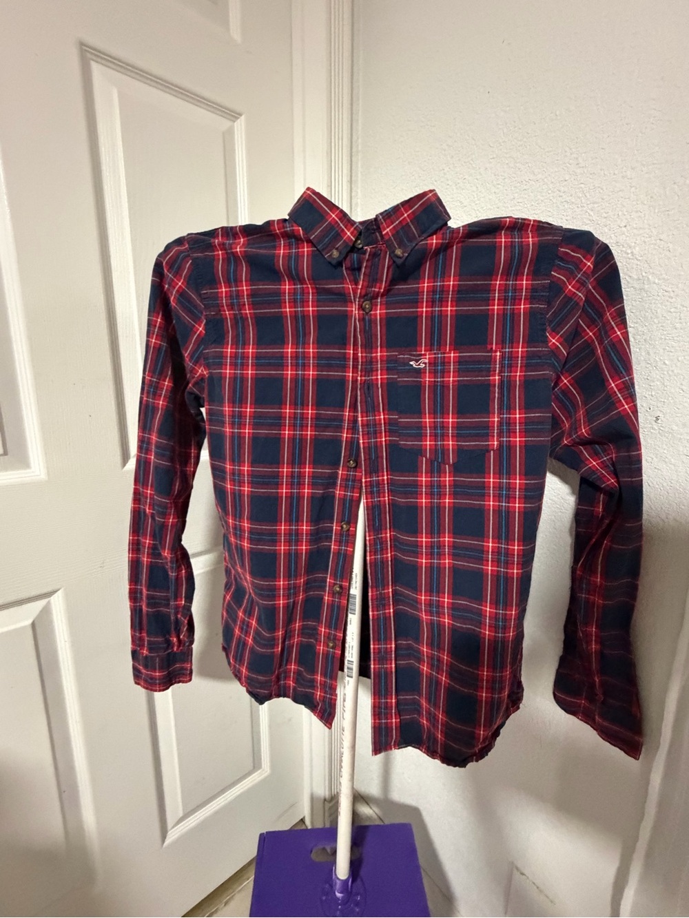 Hollister Navy and Red Plaid Button-Down Shirt